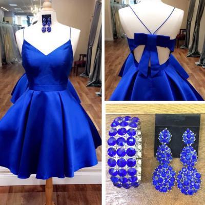 Royal Blue Spaghetti Straps Homecoming Dress With Bow P285