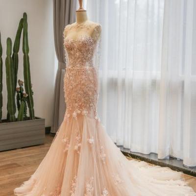 Elegant Wedding Dress ,Mermaid Lace Wedding Dress,Pink Wedding Gown,Sweetheart Neckline Bridal Gown Flowers Beaded Wedding Dress SW04