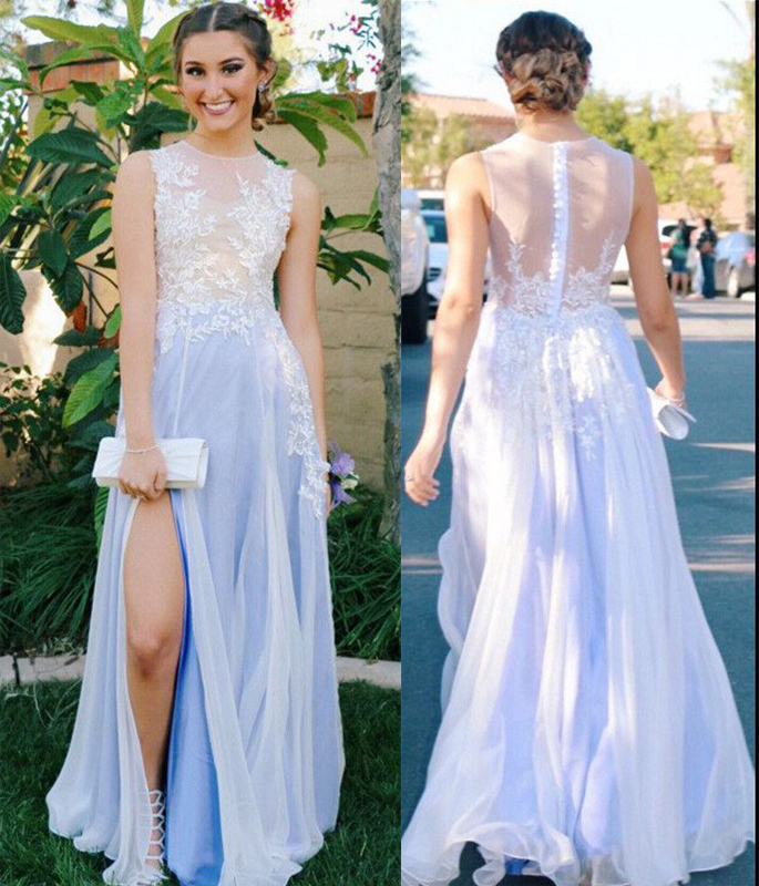 Sheer Sleeveless Lace Appliqués Chiffon A-line Floor-length Prom Dress, Evening Dress With Side Slit
