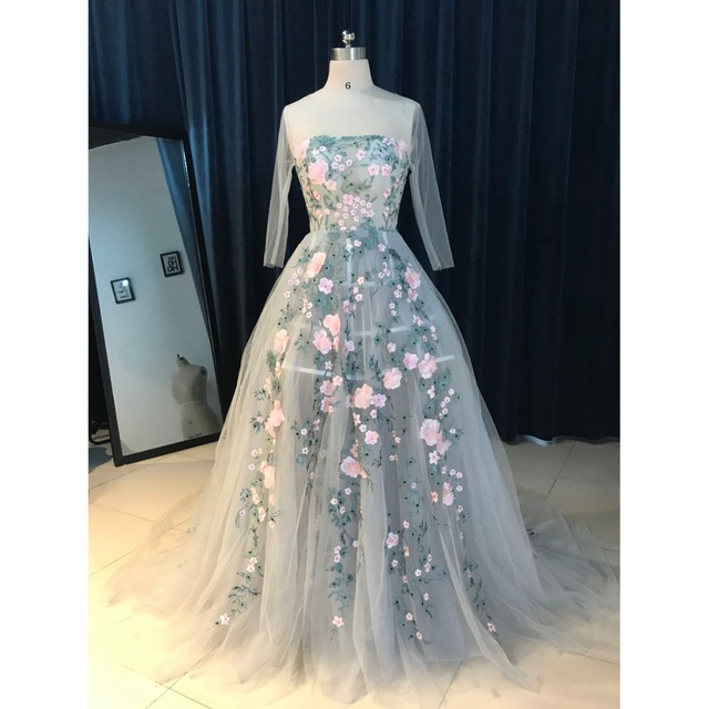 sheer floral prom dress