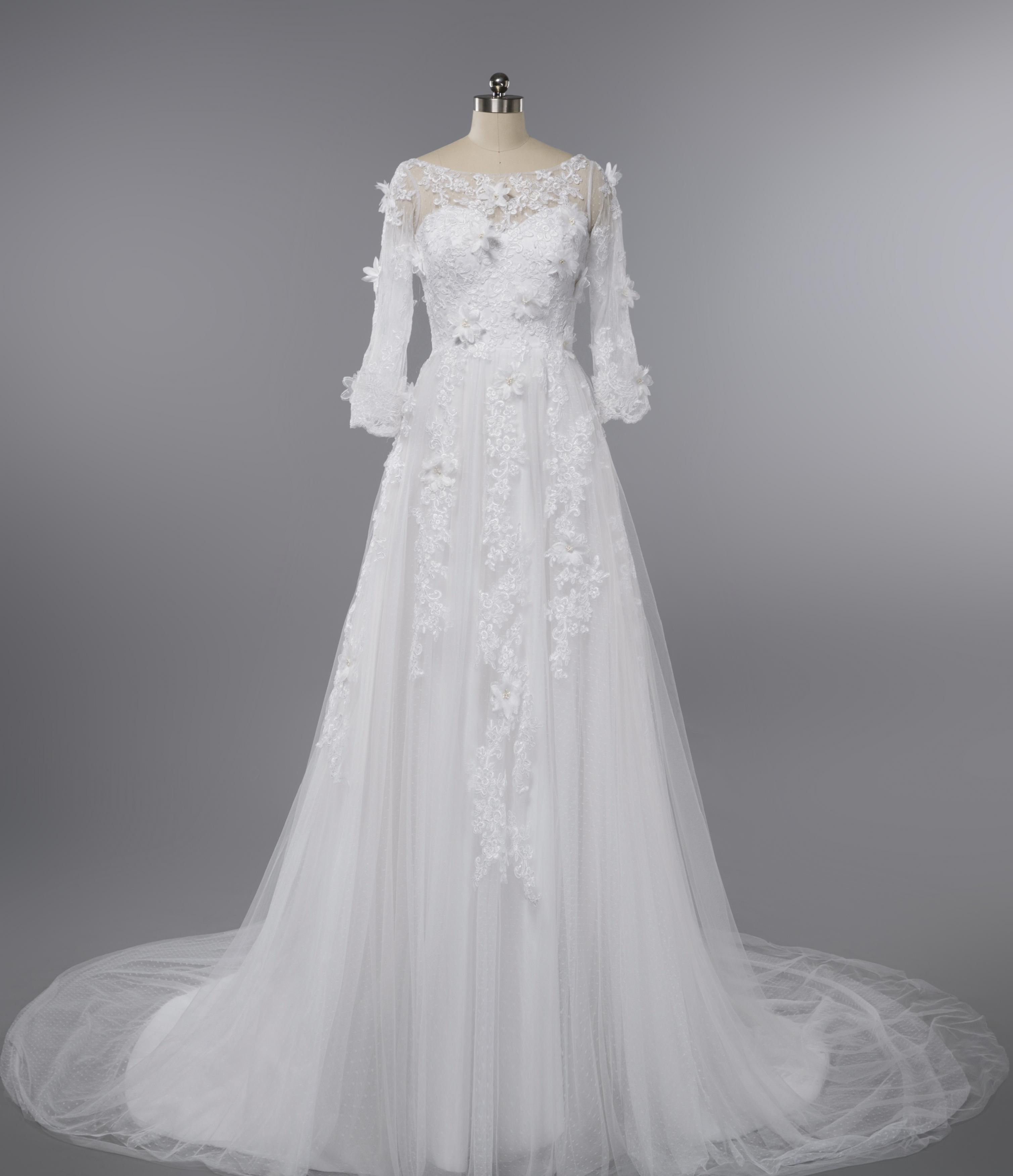 Long Lace Wedding Dress,Three Quaters Sleeves Wedding Dress, Flowers ...